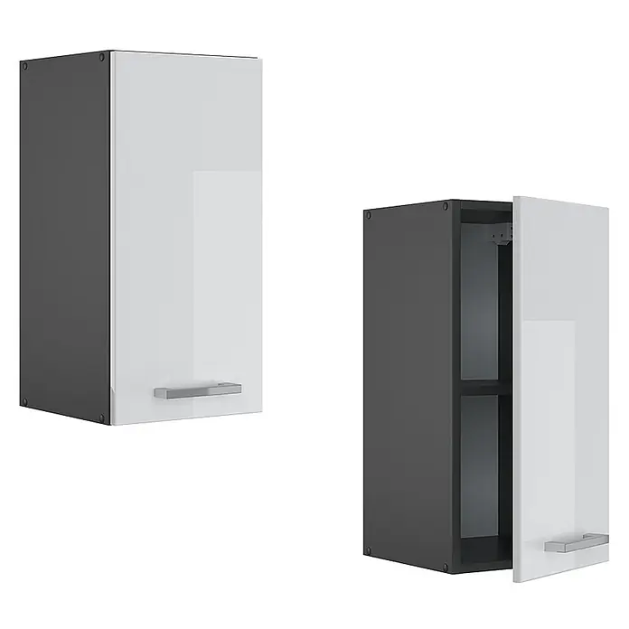 Vicco Schrankküche R-Line Weiß Hochglanz - Weiß Hochglanz, Hängeschrank 30 cm - Zwei anthrazitfarbene Wandschränke mit glänzenden weißen Türen und silbernen Griffen; einer geschlossen, einer offen mit Einlegeboden.