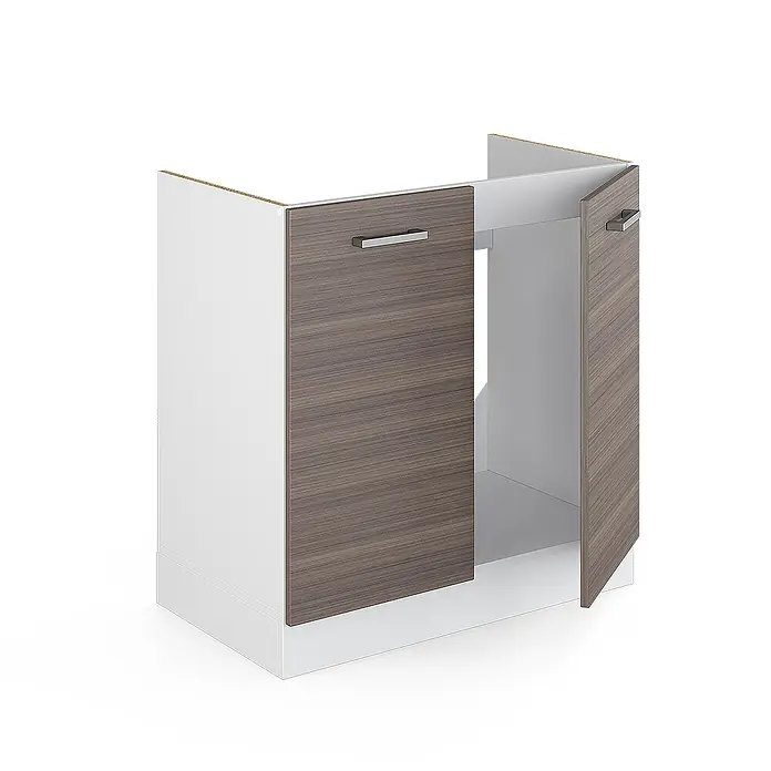 Vicco Schrankküche R-Line Edelgrau ohne Arbeitsplatte - Edelgrau, Spülenunterschrank 80 cm - Weißer Unterschrank mit zwei dunkelbraunen Holzmaserungstüren, eine offen, und Metallgriffen.
