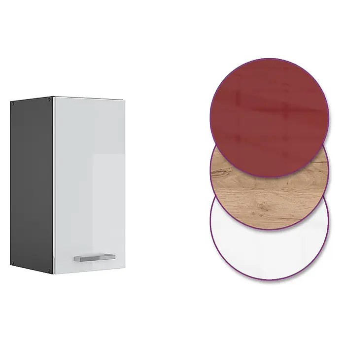Vicco Schrankküche R-Line Weiß Hochglanz - Weiß Hochglanz, Hängeschrank 30 cm - Weißer Küchenhängeschrank mit grauer Seite und silbernem Griff, gezeigt mit roten, Holz- und weißen Oberflächenoptionen.