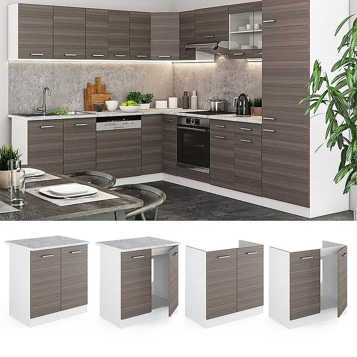 Vicco Schrankküche R-Line Edelgrau ohne Arbeitsplatte - Edelgrau, Spülenunterschrank 80 cm - L-förmige Modulküche mit dunklen Holzmaserungsfronten, weißen Rahmen, hellen Arbeitsplatten und integrierten Geräten.