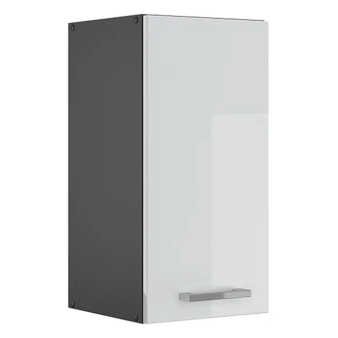 Vicco Schrankküche R-Line Weiß Hochglanz - Weiß Hochglanz, Hängeschrank 30 cm - Wandschrank mit dunkelgrauem Korpus und glänzender weißer Tür mit silbernem Griff.
