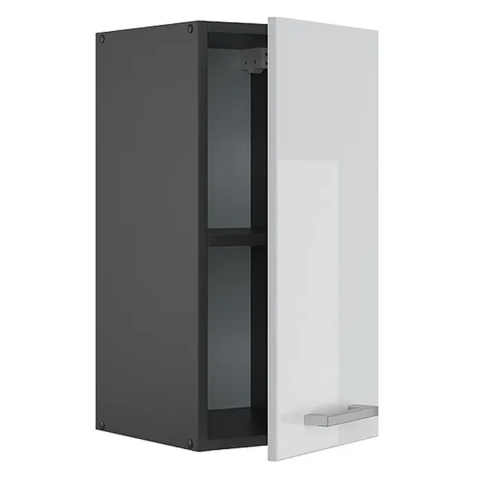 Vicco Schrankküche R-Line Weiß Hochglanz - Weiß Hochglanz, Hängeschrank 30 cm - Dunkelgrauer Wandschrank mit offener weißer Tür, silbernem Griff und Innenablage.
