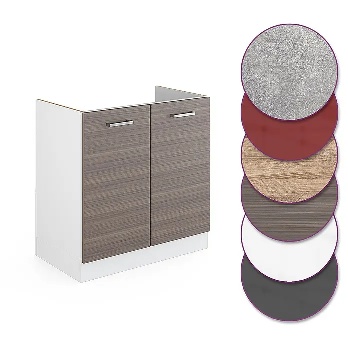 Vicco Schrankküche R-Line Edelgrau ohne Arbeitsplatte - Edelgrau, Spülenunterschrank 80 cm - Zweitüriger Unterschrank mit grauen Holz-Effekt-Türen, weißem Korpus und silbernen Griffen. Material- und Farbmuster sind abgebildet.