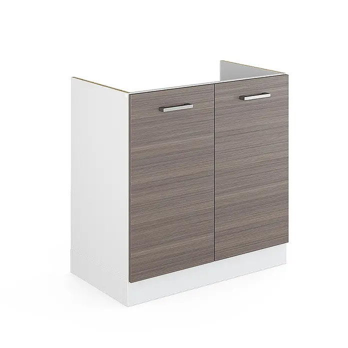 Vicco Schrankküche R-Line Edelgrau ohne Arbeitsplatte - Edelgrau, Spülenunterschrank 80 cm - Unterschrank mit zwei Türen in Holzoptik Braun, weißem Korpus und silbernen Griffen.