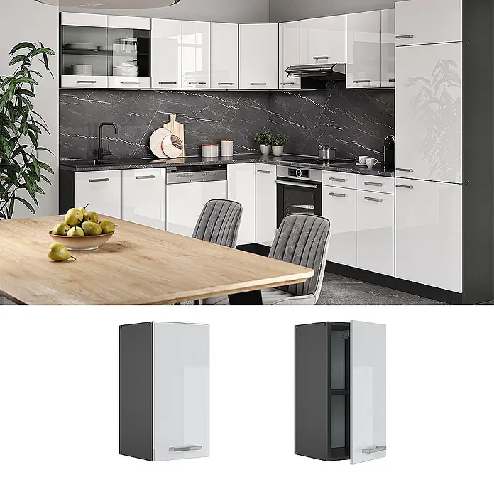Vicco Schrankküche R-Line Weiß Hochglanz - Weiß Hochglanz, Hängeschrank 30 cm - Weißglänzender Küchenwandschrank mit dunkelgrauen Seiten, geschlossen und offen mit Regalböden gezeigt.
