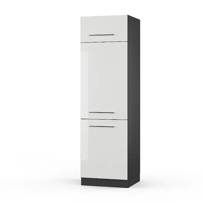 Vicco Schrankküche Fame-Line Weiß Hochglanz - Weiß Hochglanz, Kühlumbauschrank 60 cm - Hoher weißer Hochschrank glänzend, mit dunklen Seiten und drei Metallbügelgriffen.