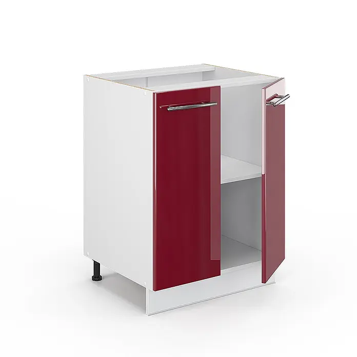 Vicco Schrankküche Fame-Line Bordeaux Hochglanz ohne Arbeitsplatte - Bordeaux Hochglanz, Unterschrank 60 cm - Weißer Küchenunterschrank mit glänzenden roten Türen, eine geöffnet mit Fachboden und silbernen Griffen.