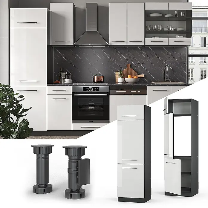 Vicco Schrankküche Fame-Line Weiß Hochglanz - Weiß Hochglanz, Kühlumbauschrank 60 cm - Moderne Küche mit weißen Hochglanzschränken, silbernen Griffen und integrierten Geräten.