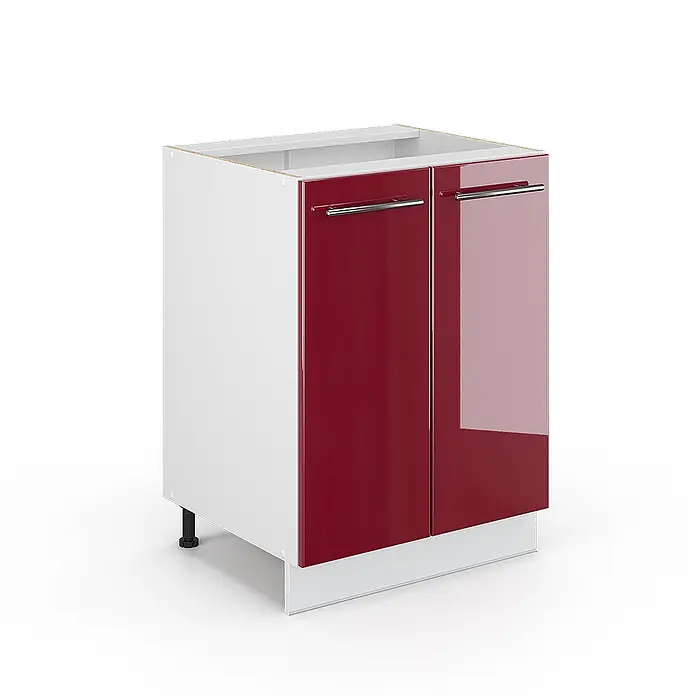 Vicco Schrankküche Fame-Line Bordeaux Hochglanz ohne Arbeitsplatte - Bordeaux Hochglanz, Unterschrank 60 cm - Weißer Küchenunterschrank mit zwei hochglanzroten Türen, Chromgriffen und verstellbaren Füßen.