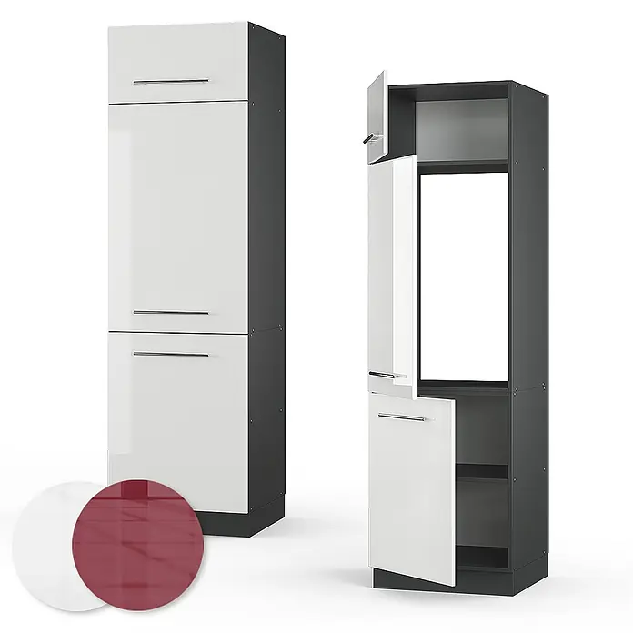 Vicco Schrankküche Fame-Line Weiß Hochglanz - Weiß Hochglanz, Kühlumbauschrank 60 cm - Hoher Schrank in glänzendem Weiß und Dunkelgrau, geschlossen und geöffnet mit Regalen und Geräteraum. Weiße und rote Farbmuster.