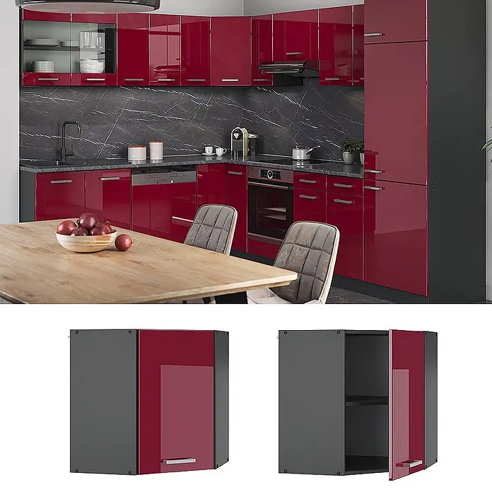 Vicco Schrankküche R-Line Rot Hochglanz - Rot Hochglanz, Eckhängeschrank - Rote Hochglanz- und dunkelgraue modulare Küchenschränke mit einem Eckwandschrank in modernem Ambiente.