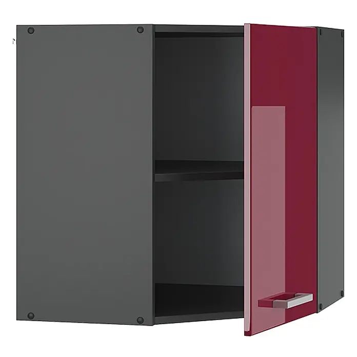 Vicco Schrankküche R-Line Rot Hochglanz - Rot Hochglanz, Eckhängeschrank - Dunkelgrauer Wandschrank mit einer glänzenden dunkelroten Tür, leicht geöffnet, die ein Innenregal zeigt.