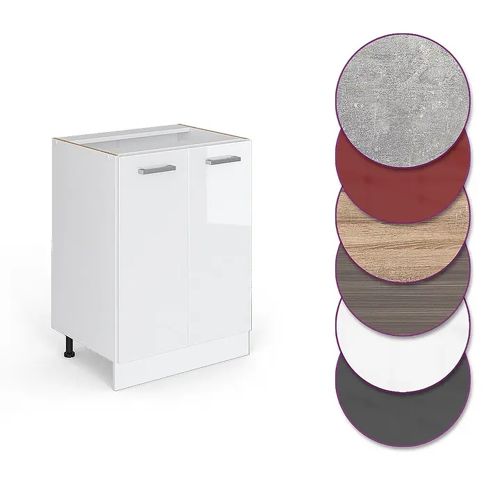 Vicco Schrankküche R-Line Weiß Hochglanz ohne Arbeitsplatte - Weiß Hochglanz, Unterschrank 60 cm - Weißer Hochglanz-Unterschrank mit 2 Türen und silbernen Griffen, daneben Material-/Farbmuster zur Auswahl.