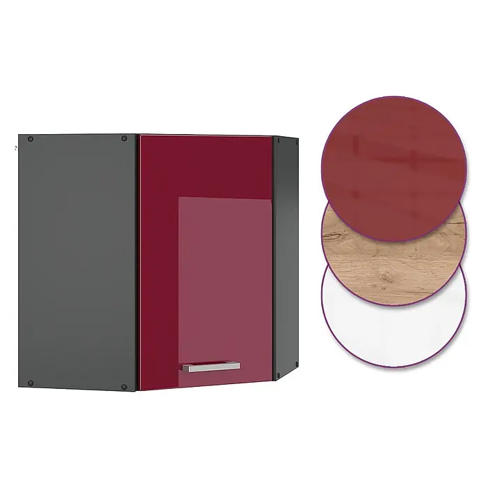 Vicco Schrankküche R-Line Rot Hochglanz - Rot Hochglanz, Eckhängeschrank - Roter Eckhängeschrank mit grauem Korpus und silbernem Griff. Muster für rote, Holz- und weiße Oberflächen.