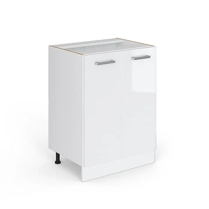 Vicco Schrankküche R-Line Weiß Hochglanz ohne Arbeitsplatte - Weiß Hochglanz, Unterschrank 60 cm - Weißer glänzender Küchenunterschrank mit zwei Türen, silbernen Griffen, Sockel und verstellbaren Füßen.
