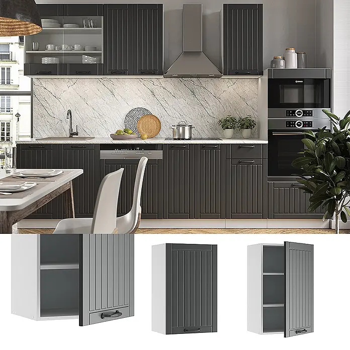 Vicco Schrankküche Fame-Line Anthrazit Landhaus - Anthrazit Landhaus, Hängeschrank 45 cm - Dunkelgraue Rillenküchenschränke als Unter- und Hängeschränke in einer modernen Küche.