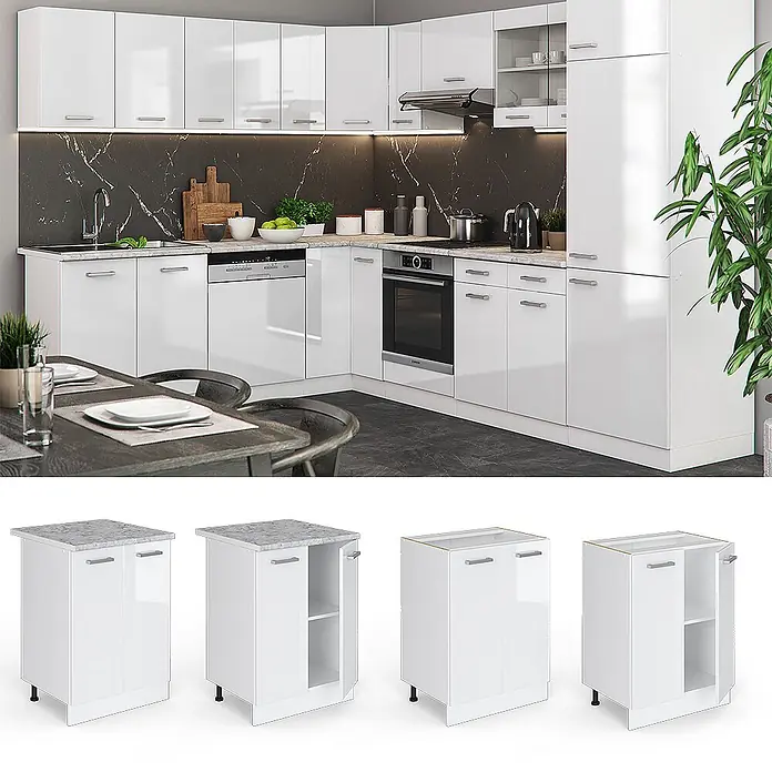 Vicco Schrankküche R-Line Weiß Hochglanz, AP Anthrazit - Weiß Hochglanz, Unterschrank 60 cm, AP Anthrazit - Elegante weiße Hochglanzküche mit dunklen Marmor-Arbeitsplatten und Einbaugeräten. Zeigt auch vier Unterschrank-Konfigurationen.