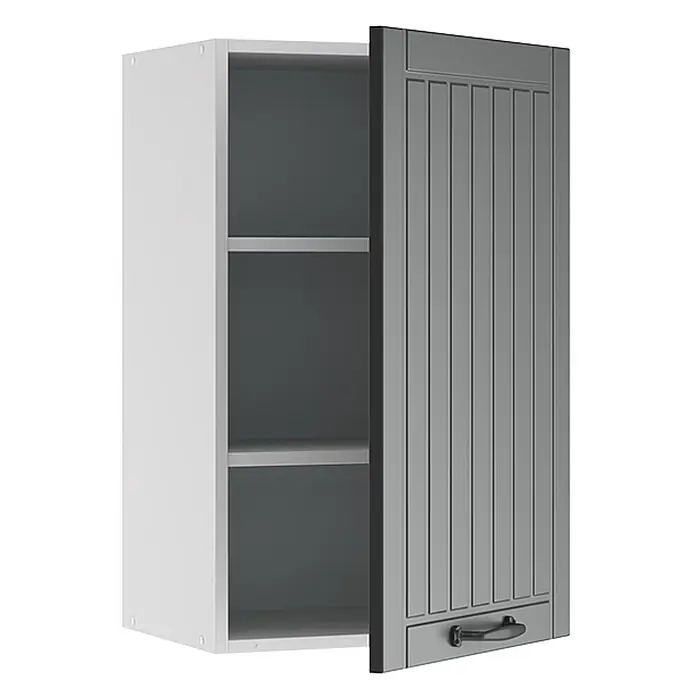 Vicco Schrankküche Fame-Line Anthrazit Landhaus - Anthrazit Landhaus, Hängeschrank 45 cm - Weißer Hängeschrank mit grauer Lamellentür, leicht geöffnet, mit Regalen und schwarzem Griff.
