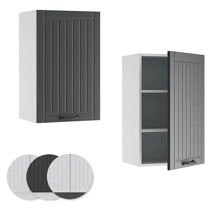 Vicco Schrankküche Fame-Line Anthrazit Landhaus - Anthrazit Landhaus, Hängeschrank 45 cm - Weißer Küchenoberschrank mit dunkelgrauer gerillter Tür und schwarzem Griff, geschlossen und offen mit Regalen gezeigt. Mit Farboptionen für die Tür.