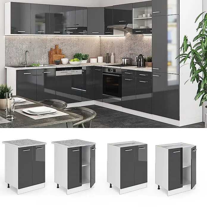 Vicco Schrankküche R-Line Anthrazit Hochglanz, AP Marmor - Anthrazit Hochglanz, Unterschrank 60 cm, AP Marmor - Moderne L-förmige Küche mit hochglanz anthrazitfarbenen Schränken, weißen Rahmen und Betonoptik-Rückwand. Mit integrierten Geräten und LED-Beleuchtung.