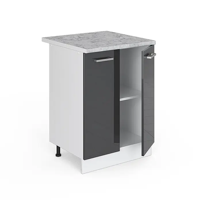 Vicco Schrankküche R-Line Anthrazit Hochglanz, AP Marmor - Anthrazit Hochglanz, Unterschrank 60 cm, AP Marmor - Weißer Unterschrank mit dunkelgrauen Hochglanztüren, silbernen Griffen und einer Marmor-Arbeitsplatte. Eine Tür ist geöffnet und zeigt ein Innenregal.