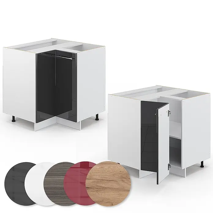 Vicco Schrankküche Fame-Line Anthrazit Hochglanz ohne Arbeitsplatte - Anthrazit Hochglanz, Eckunterschrank - Weiße Eckunterschränke für Küchen mit dunklen Türen, eine offen mit Einlegeböden. Materialmuster für Türfronten.