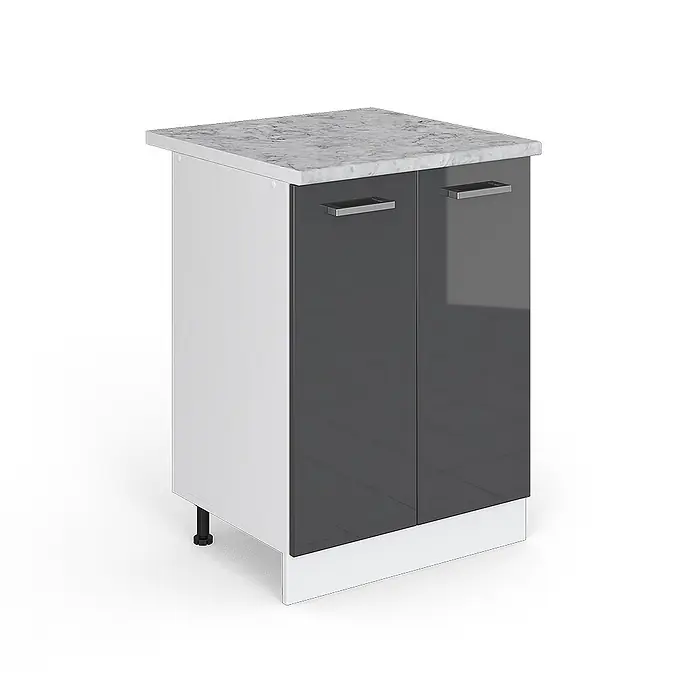 Vicco Schrankküche R-Line Anthrazit Hochglanz, AP Marmor - Anthrazit Hochglanz, Unterschrank 60 cm, AP Marmor - Weißer Unterschrank mit grauen Hochglanztüren und weißer Marmor-Arbeitsplatte.