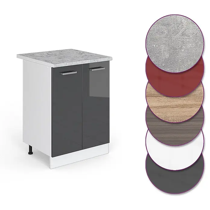 Vicco Schrankküche R-Line Anthrazit Hochglanz, AP Marmor - Anthrazit Hochglanz, Unterschrank 60 cm, AP Marmor - Zweitüriger Schrank mit weißen Seiten, glänzenden dunkelgrauen Türen und Marmor-Arbeitsplatte. Enthält Muster für verschiedene Material-/Farboptionen.