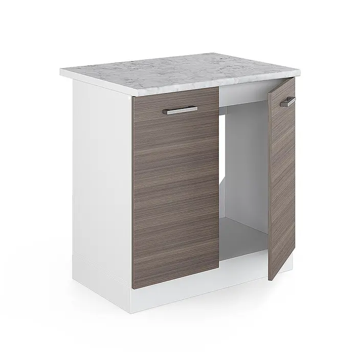 Vicco Schrankküche R-Line Edelgrau, AP Marmor - Edelgrau, Spülenunterschrank 80 cm - Kleiner Schrank mit weißem Rahmen, Holztüren (eine offen) und Marmor-Arbeitsplatte.