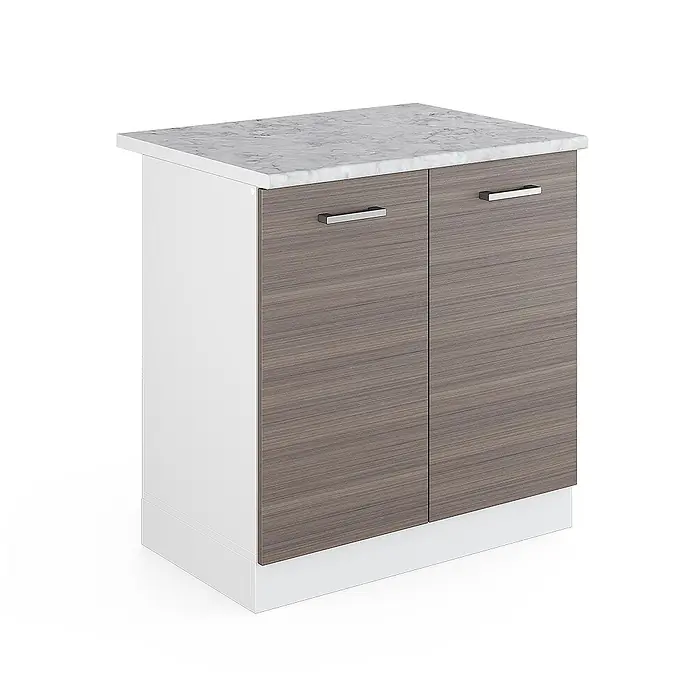 Vicco Schrankküche R-Line Edelgrau, AP Marmor - Edelgrau, Spülenunterschrank 80 cm - Zweitüriger Schrank mit weißem Korpus, grauen Holzmaserungstüren und weißer Marmorplatte. Mit silbernen Stangengriffen.