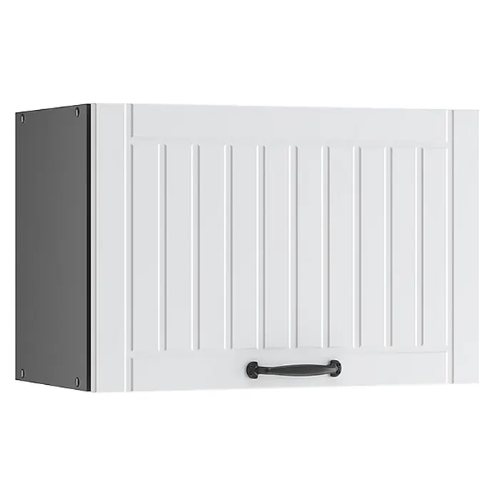Vicco Schrankküche Fame-Line Weiß Landhaus Flach - Weiß Landhaus, Hängeschrank (flach) 60 cm - Weißer Küchenhängeschrank mit vertikal getäfelter Front, dunkelgrauer Seite und schwarzem Griff.