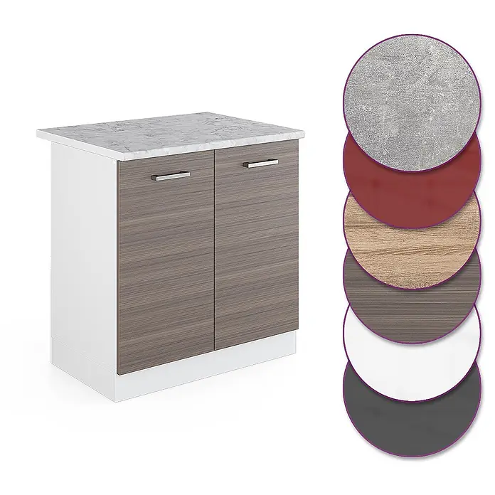 Vicco Schrankküche R-Line Edelgrau, AP Marmor - Edelgrau, Spülenunterschrank 80 cm - Weißer Küchenunterschrank mit Holzmaserungstüren, Marmoroptik-Arbeitsplatte und Materialmuster.