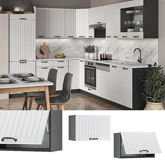 Vicco Schrankküche Fame-Line Weiß Landhaus Flach - Weiß Landhaus, Hängeschrank (flach) 60 cm - Weiße Küchenschränke mit Lamellentüren und schwarzen Griffen, bilden eine moderne L-förmige Küchenzeile.