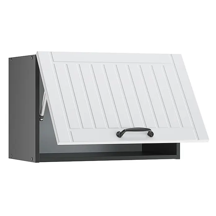 Vicco Schrankküche Fame-Line Weiß Landhaus Flach - Weiß Landhaus, Hängeschrank (flach) 60 cm - Weißer Wandschrank mit vertäfelter Klapptür, dunkelgrauem Korpus, schwarzem Griff und offener Ablage.