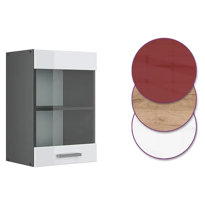 Vicco Schrankküche R-Line Weiß Hochglanz - Weiß Hochglanz, Hängeglasschrank 40 cm - Wandschrank mit dunkelgrauem Korpus, weißen Hochglanzfronten, Glastür und Schublade. Farbmuster zeigen Rot, Holz und Weiß.