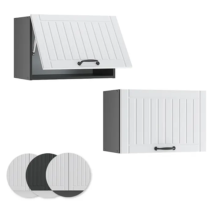 Vicco Schrankküche Fame-Line Weiß Landhaus Flach - Weiß Landhaus, Hängeschrank (flach) 60 cm - Weißer Wandschrank mit Lamellentür und dunkelgrauem Korpus, geöffnet und geschlossen. Inkl. Farbmuster.