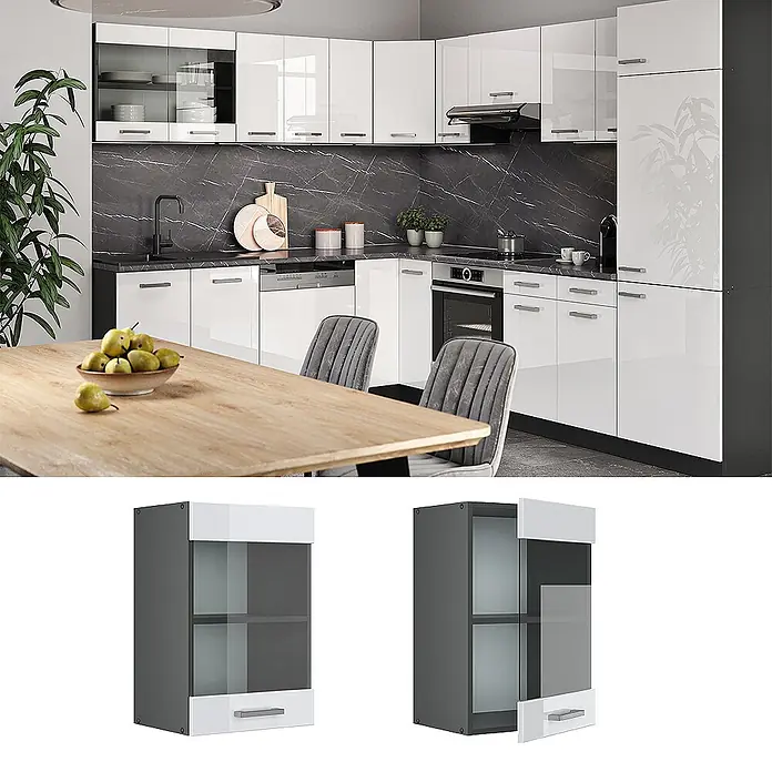 Vicco Schrankküche R-Line Weiß Hochglanz - Weiß Hochglanz, Hängeglasschrank 40 cm - Moderne Küche: weiße Hochglanzschränke, dunkle Arbeitsplatten & Rückwand. Bietet vielfältigen Stauraum & integrierte Geräte.