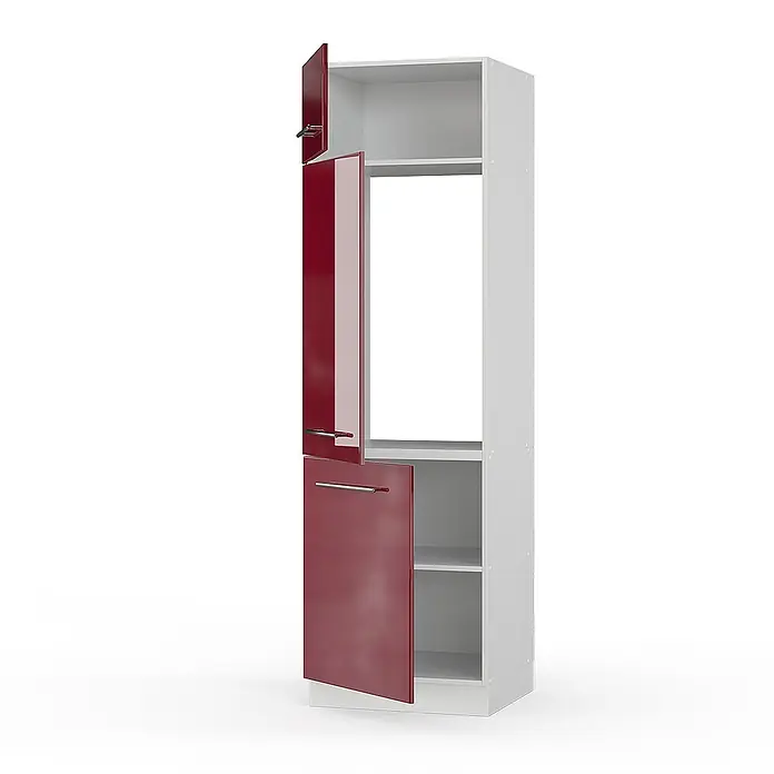 Vicco Schrankküche Fame-Line Bordeaux Hochglanz - Bordeaux Hochglanz, Kühlumbauschrank 60 cm - Hoher weißer Schrank mit roten Hochglanztüren. Oberste und unterste Tür geöffnet, Fächer und offenes Fach sichtbar.