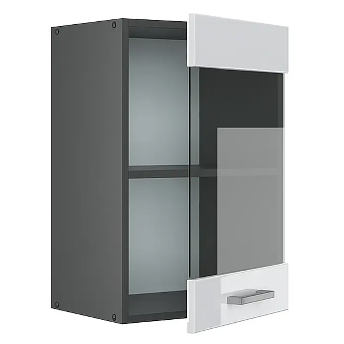 Vicco Schrankküche R-Line Weiß Hochglanz - Weiß Hochglanz, Hängeglasschrank 40 cm - Dunkelgrauer Wandschrank mit weißen Akzenten, einer Glasschiebetür und Innenregalen.