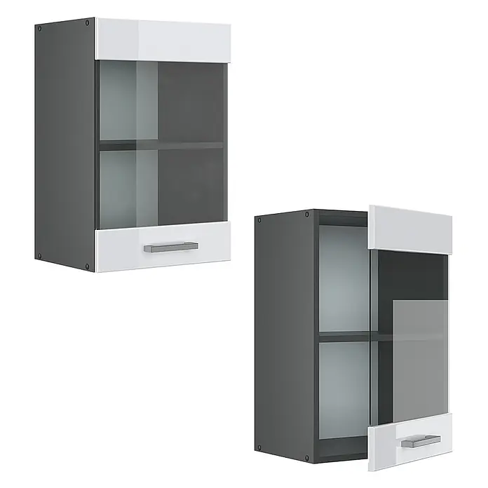 Vicco Schrankküche R-Line Weiß Hochglanz - Weiß Hochglanz, Hängeglasschrank 40 cm - Grau-weißer Hängeschrank mit Milchglas-Tür und silbernem Griff, geschlossen und leicht geöffnet.