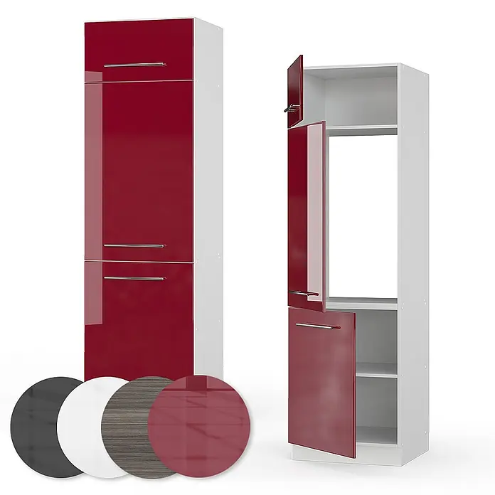 Vicco Schrankküche Fame-Line Bordeaux Hochglanz - Bordeaux Hochglanz, Kühlumbauschrank 60 cm - Hoher Schrank mit hochglanzroten Türen, weißem Korpus und Metallgriffen. Farb-/Materialmuster inklusive; ein Schrank ist mit offenen Türen und Regalen gezeigt.