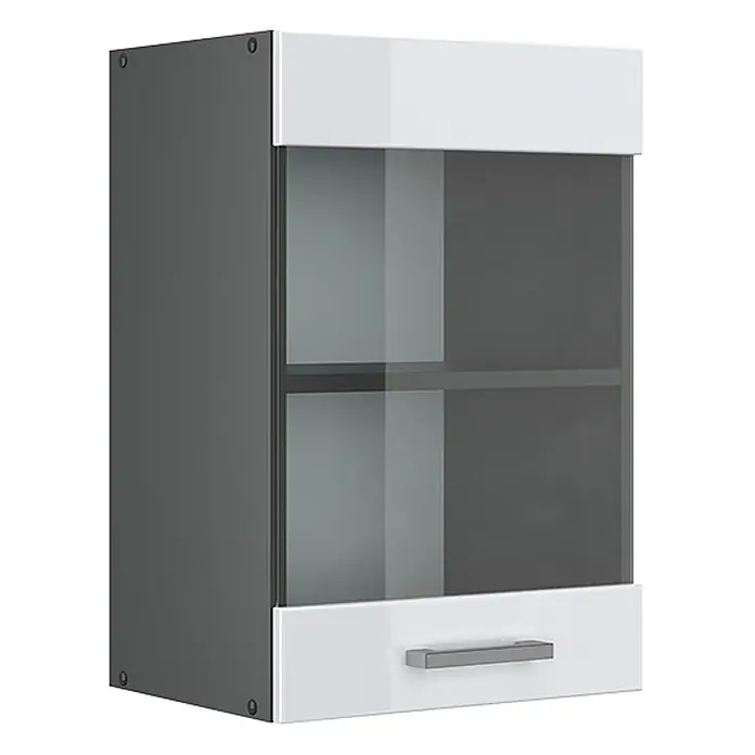 Vicco Schrankküche R-Line Weiß Hochglanz - Weiß Hochglanz, Hängeglasschrank 40 cm - Zweifarbiger Hängeschrank mit dunkelgrauem Korpus, glänzend weißen Ober-/Unterplatten, Glastür und Schublade mit Griff.