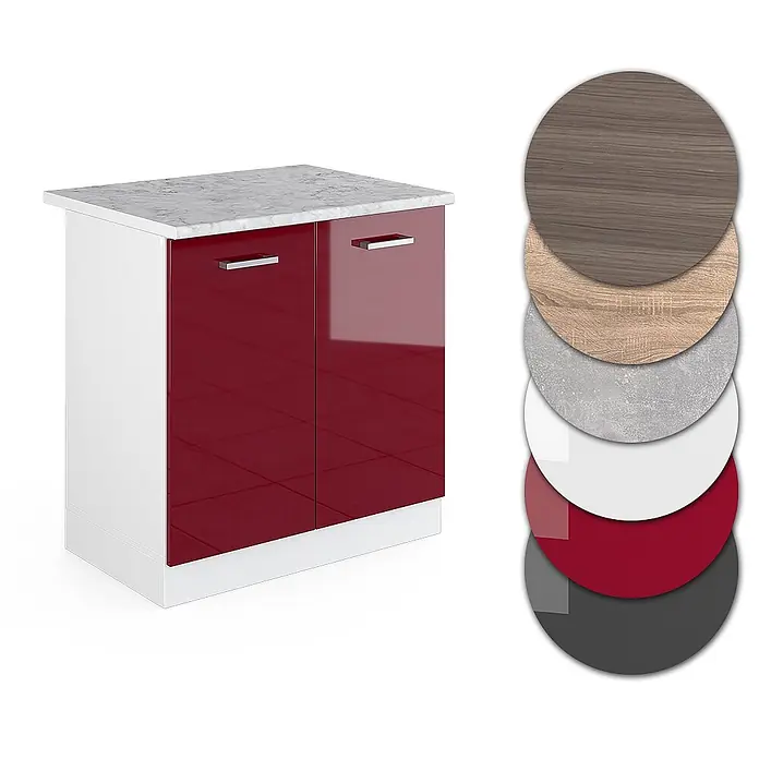 Vicco Schrankküche R-Line Rot Hochglanz, AP Marmor - Rot Hochglanz, Spülenunterschrank 80 cm, AP Marmor - Glänzender roter zweitüriger Schrank mit weißem Korpus, Marmoroptik-Platte und Material-/Farbmustern.
