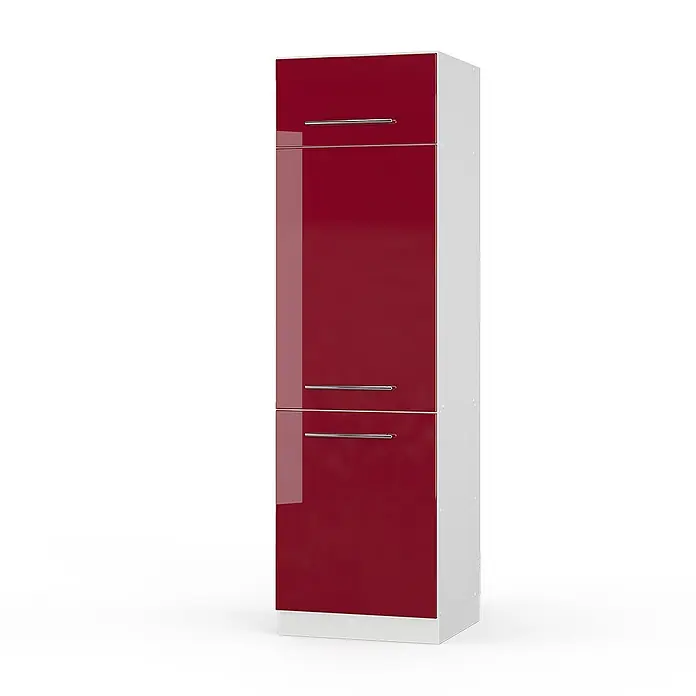 Vicco Schrankküche Fame-Line Bordeaux Hochglanz - Bordeaux Hochglanz, Kühlumbauschrank 60 cm - Hoher, schmaler Hochschrank in Hochglanz Rot und Weiß mit drei Türen und silbernen Griffen.