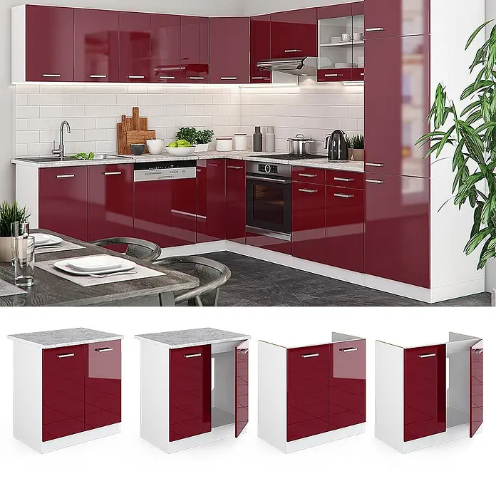 Vicco Schrankküche R-Line Rot Hochglanz, AP Marmor - Rot Hochglanz, Spülenunterschrank 80 cm, AP Marmor - Moderne Küchenzeile mit hochglänzenden roten Fronten und weißen Korpus, in einer Küche installiert. Inkl. verschiedene Unterschränke.