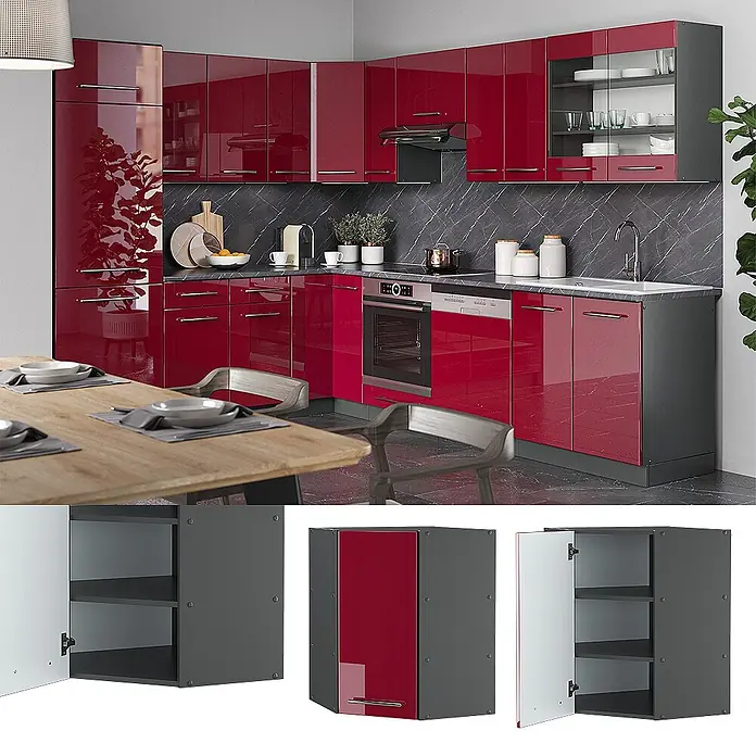 Vicco Schrankküche Fame-Line Bordeaux Hochglanz - Bordeaux Hochglanz, Eckhängeschrank 57 cm - Modulare Küche mit hochglanzroten Fronten und dunkelgrauen Schränken.