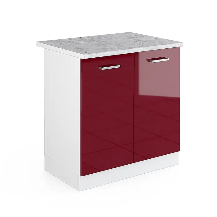 Vicco Schrankküche R-Line Rot Hochglanz, AP Marmor - Rot Hochglanz, Spülenunterschrank 80 cm, AP Marmor - Weißer Schrank mit Marmorplatte, zwei glänzend roten Türen und Metallgriffen.