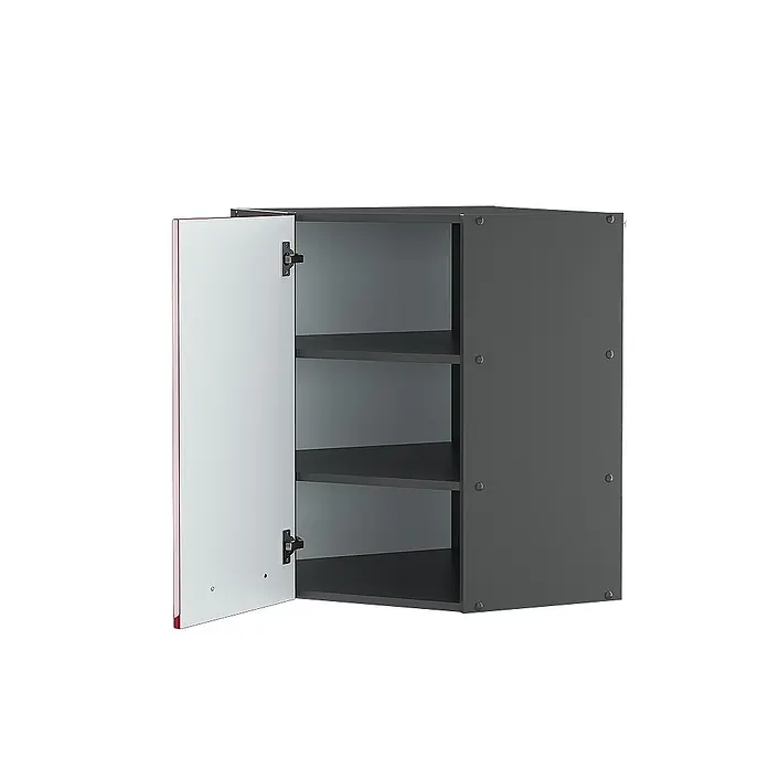 Vicco Schrankküche Fame-Line Bordeaux Hochglanz - Bordeaux Hochglanz, Eckhängeschrank 57 cm - Dunkelgrauer Wandschrank mit offener weißer Tür und rotem Rand, drei Innenböden sichtbar.