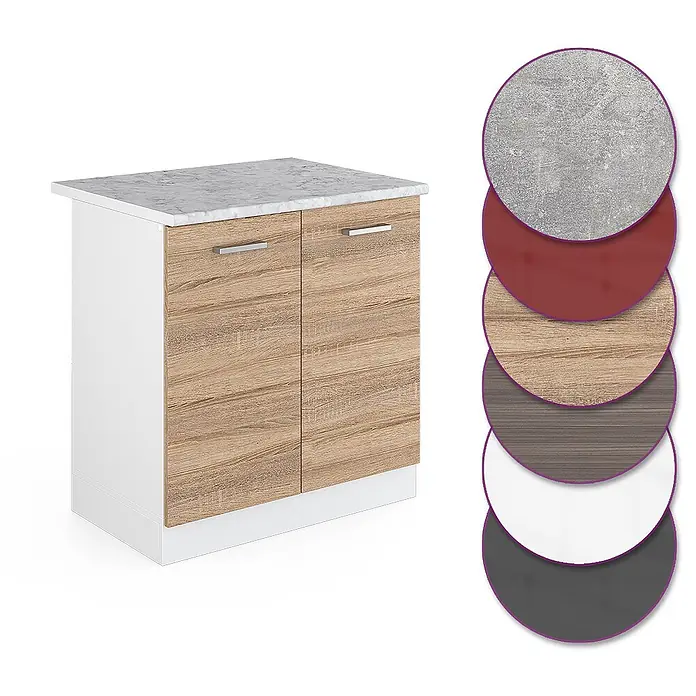 Vicco Schrankküche R-Line Sonoma, AP Marmor - Sonoma, Spülenunterschrank 80 cm - Zweitüriger Schrank mit hellen Holztüren, weißem Korpus und Marmor-Arbeitsplatte, daneben Material-/Farbmuster.