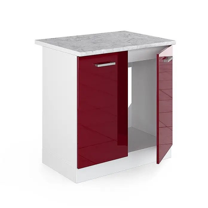 Vicco Schrankküche R-Line Rot Hochglanz, AP Marmor - Rot Hochglanz, Spülenunterschrank 80 cm, AP Marmor - Weißer Schrank mit hochglänzenden roten Türen und Marmorplatte, eine Tür leicht geöffnet.